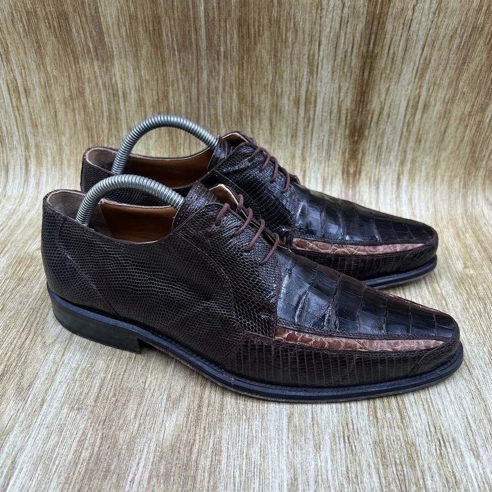 Slick Exotica Oxford Dress Shoes Men's Size 8 Brown Crocodile Lizard Skin Italy